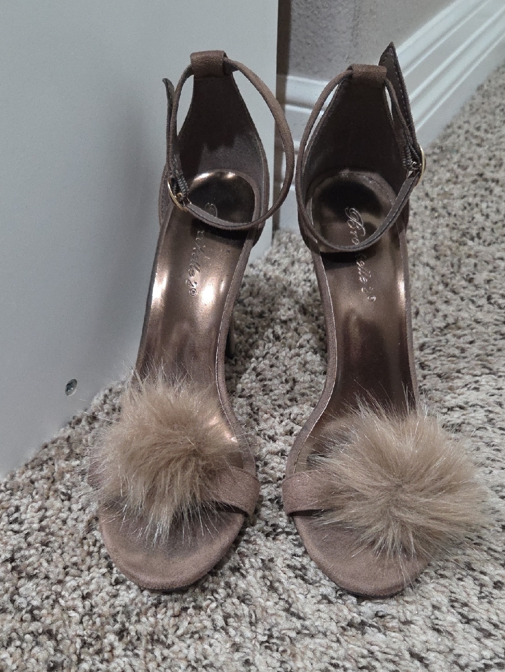 Breckelles Brown Faux Fur Pom Ankle-Strap Heels